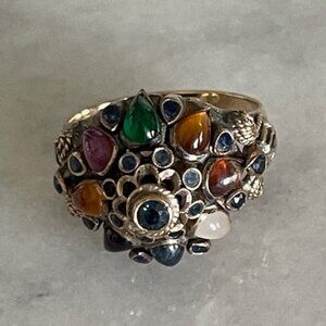 Vintage 18k Ring Gold Harem Multi Gemstone Thai Princess Antique Dome Sz 6.5